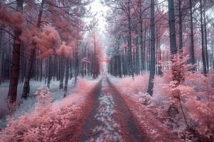 a path through a forest with pink trees background photo