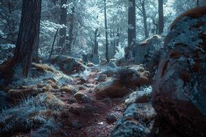 a forest with mossy rocks and trees background photo