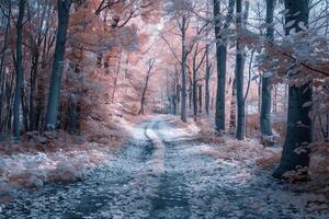 a path through a forest with pink trees background photo
