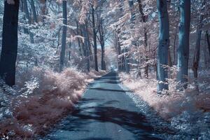 a road in the woods with trees and trees background photo