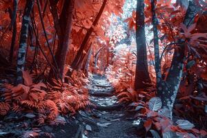 a red and green forest with trees and plants background photo