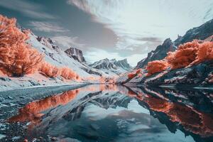 an infrared image of a mountain lake with trees background photo