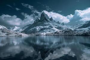 a lake with snowcovered mountains in the background background photo