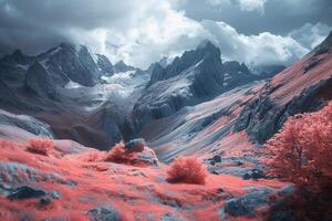a red landscape with mountains and trees background photo