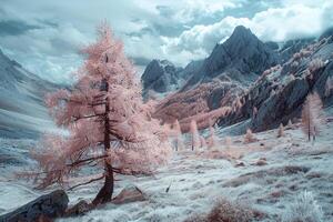 a pink tree in the mountains with snow background photo