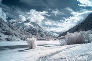 a snowy landscape with a lake and mountains background photo
