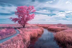 a pink tree stands in the middle of a field background photo