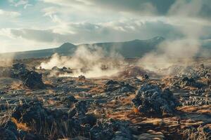 a large field with steam coming out of the ground background photo