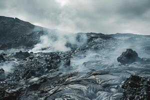 a lava field with steam coming out of it background photo