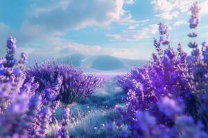 lavender field with blue sky and clouds background photo
