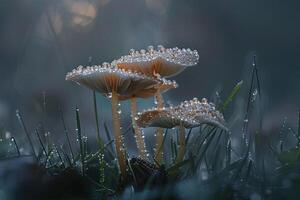 two mushrooms covered in dew are sitting in the grass background photo