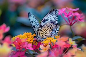 a butterfly is sitting on some flowers background photo