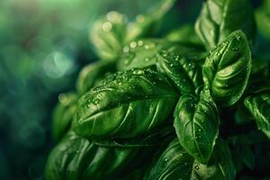 Basil plant with water droplets, background photo