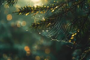 Spider web on a tree branch with water droplets, background photo