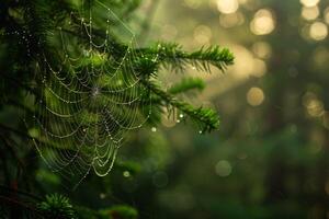 Spider web on a tree branch in the forest, background photo