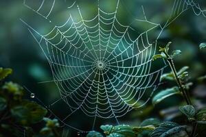 Spider web in the middle of a green field, background photo