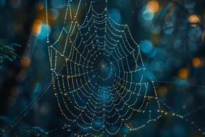 Spider web with dew drops on it in the dark, background photo