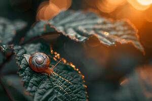 Snail on a leaf with the sun in the background, background photo