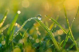 Grass blade with dew drops and background photo