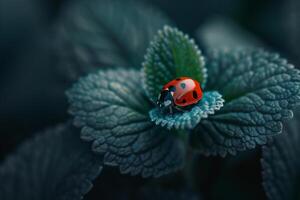 Ladybug sitting on a leaf with background photo