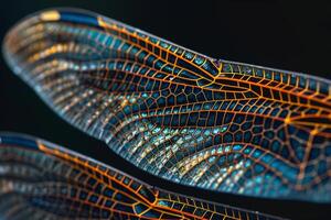 A detailed view of the wings of a dragonfly with background photo