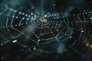 A spider web with water droplets on it and background photo