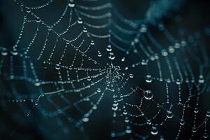 A spider web with water droplets on it and background photo