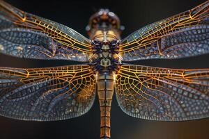 A detailed view of a dragonfly with a black background photo