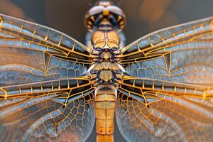 A detailed view of a dragonfly with a blue and orange pattern and background photo