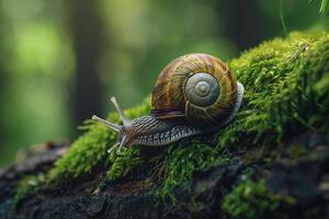 A snail is crawling on top of a mossy tree with background photo
