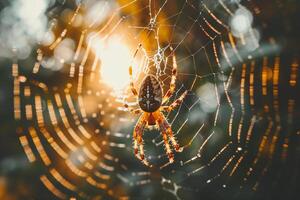 A spider is sitting on its web in the sun with background photo