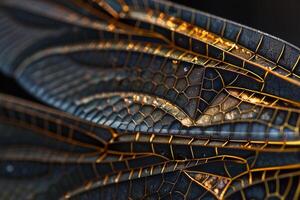 A detailed view of a dragonfly wing with background photo