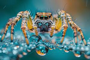A detailed view of a spider with water droplets on its body and background photo