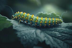 A caterpillar is sitting on a leaf with background photo