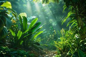 A tropical jungle scene with sunlight shining through the trees background photo