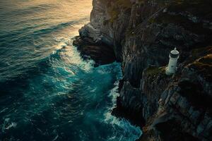 a lighthouse is on top of a cliff overlooking the ocean background photo
