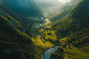 a valley with a river running through it background photo