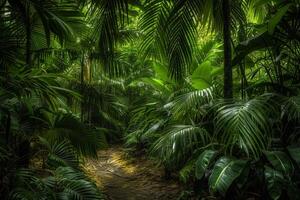 a path through a jungle with lots of green plants background photo