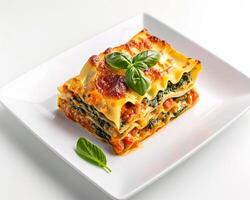 a square plate topped with a lasagna background photo
