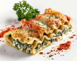 a lasagna with cheese and spinach on a white plate background photo