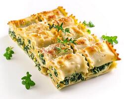 spinach lasagna with cheese and herbs background photo