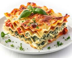 a plate of lasagna with spinach and cheese background photo