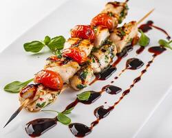 a plate with a skewer of chicken and tomatoes photo