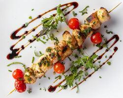 chicken kebabs on skewers with tomatoes and herbs photo