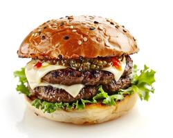 a hamburger with cheese and lettuce on a white background photo