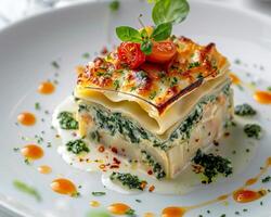 a white plate topped with a lasagna background photo