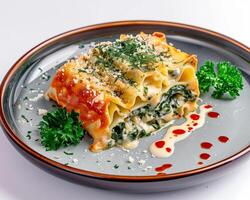 a plate with a lasagna on it background photo