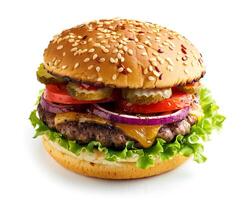 a hamburger with pickles, onions and lettuce background photo