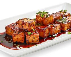 a plate of tofu with sauce on it background photo