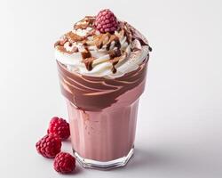 a chocolate milkshake with whipped cream and raspberries background photo